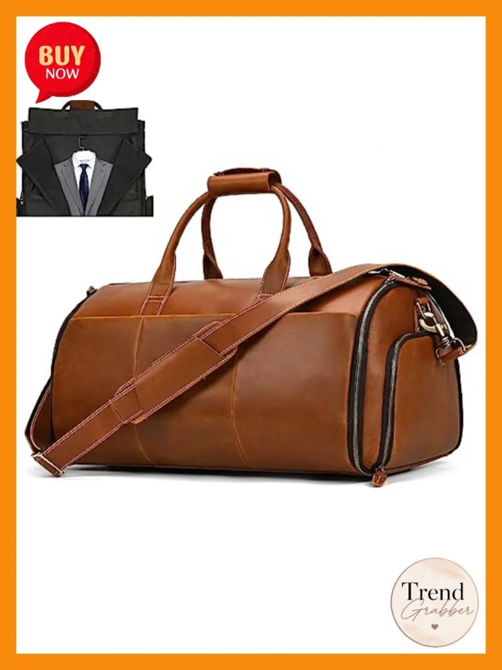 Men's Full Grain Leather Carry On Travel Duffle Garment Bag Suitcase